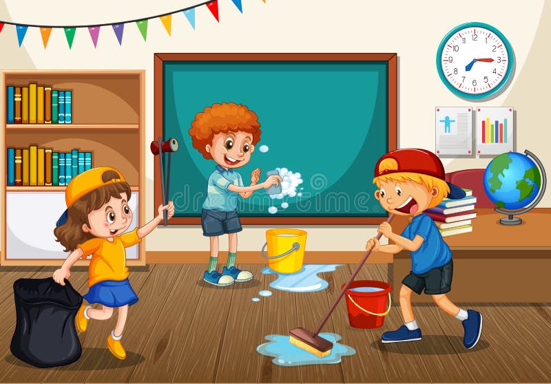 Scene with Students Cleaning Classroom Together Stock Vector