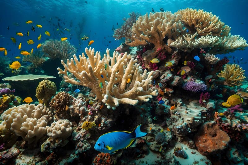A Scene of Underwater Coral Reefs and Colorful Tropical Fishes Stock ...