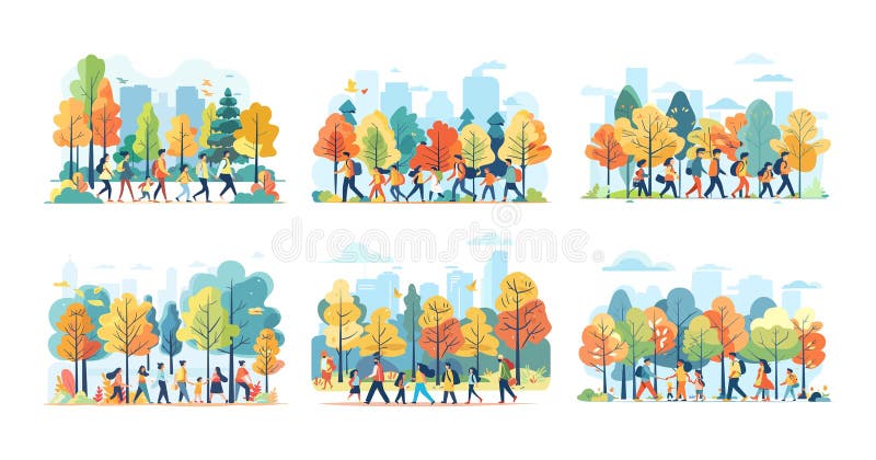 City park people cartoon vector scenes. Running walking men women children casual clothes characters autumn trees urban horizon, illustrations isolated on white background vectorized illustr AI generated. City park people cartoon vector scenes. Running walking men women children casual clothes characters autumn trees urban horizon, illustrations isolated on white background vectorized illustr AI generated