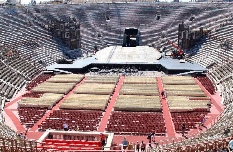 Scenery construction in old Verona Arena, Italy