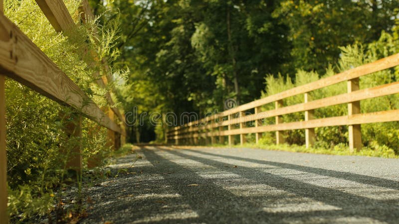 Scenery of a Road in the Forest Surrounded by Wooden Fences Stock Photo