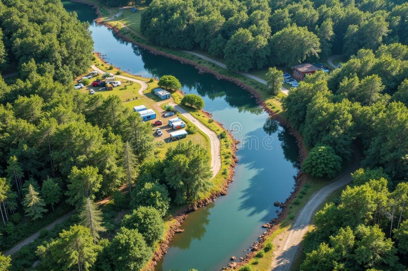 Scenic aerial view of lush forest campsite by a serene river stock photography