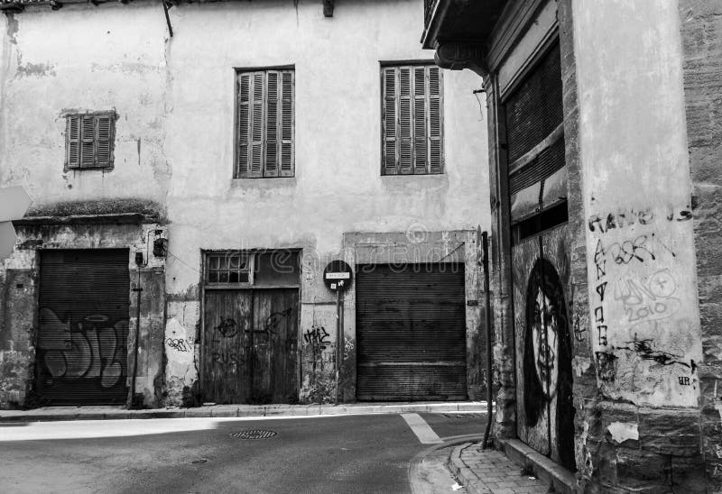 Scenic alleys in the Old Nicosia city centre-B&W.
