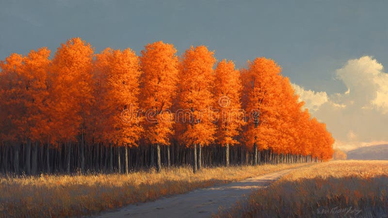 Scenic autumn forest with bright orange trees under a cloudy sky stock images