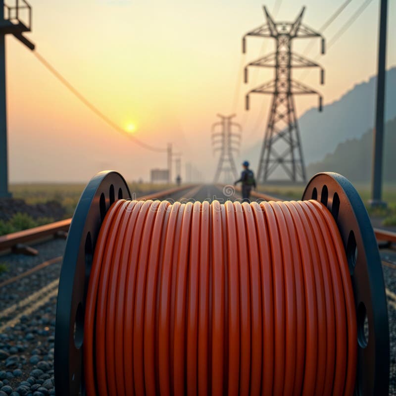 Scenic Cable Reel at Sunrise: Orange Spool on Railway Tracks, generative ai royalty free illustration