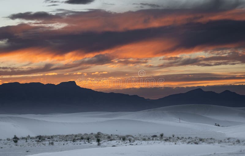 Scenic desert landscape of the mountains at White Sands National Park during sunset