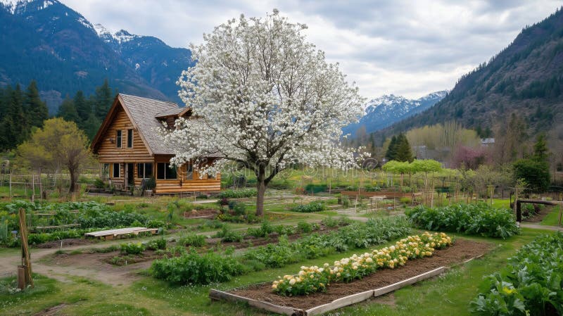 Scenic garden with blooming tree, log cabin, mountains in background stock image