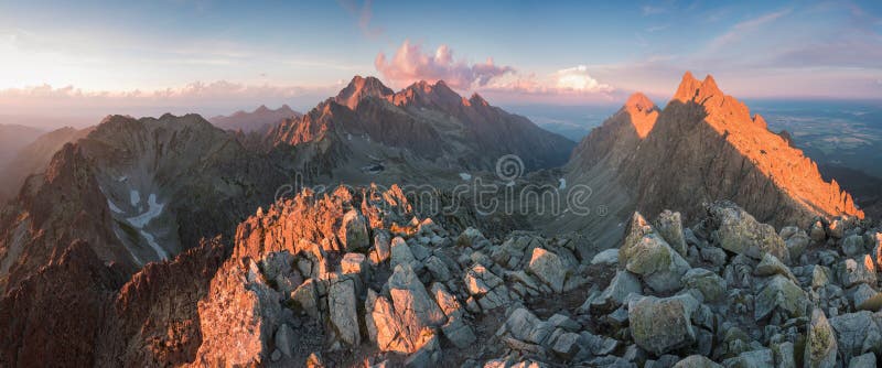 Scenic image of Fairytale mountains during sunset. The sunrise over a mountain in park High Tatras. Slovakia, Europe. Wonderful