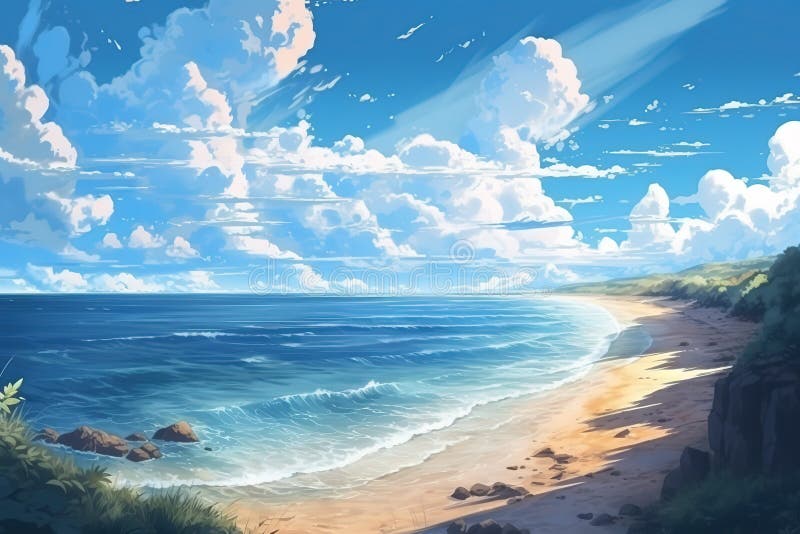 Scenic Landscape in Anime Style Sea Beach Rocks Beautiful Clouds Stock  Illustration - Illustration of relax, sandy: 281694710