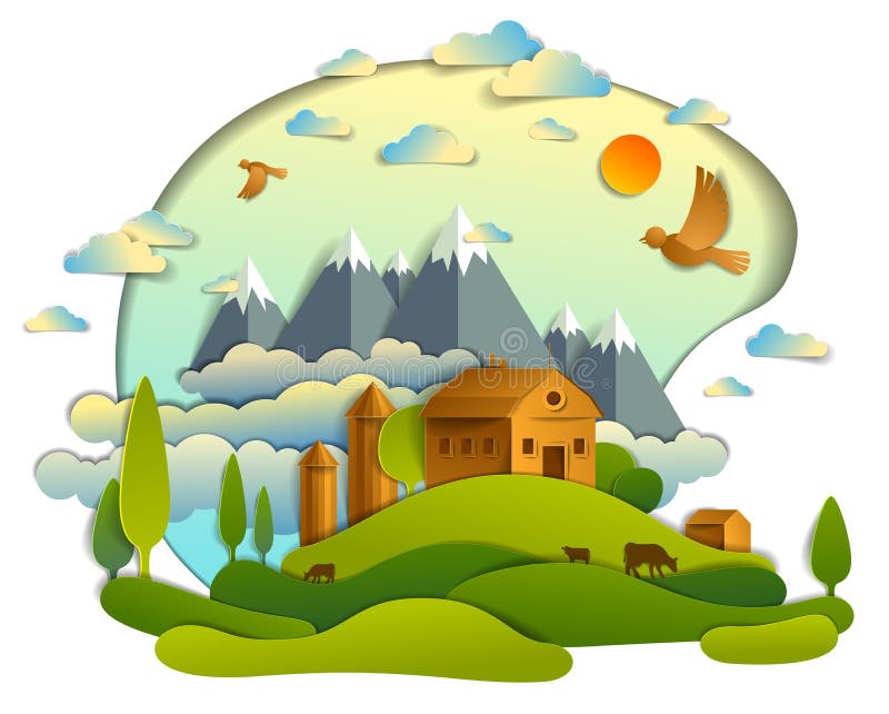 Scenic landscape of farm buildings among meadows trees, mountain range and birds in the sky, vector illustration of summer time.