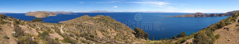 Scenic landscape panorama of Lake Titicaca