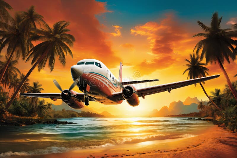Avioane cu zbor redus deasupra plajei de soare cu palmieri și oceane pe fond. Avion pitic pitic pitic pitic deasupra plajei apus cu palmieri și oceane în fundal. concept de călătorie. generate de