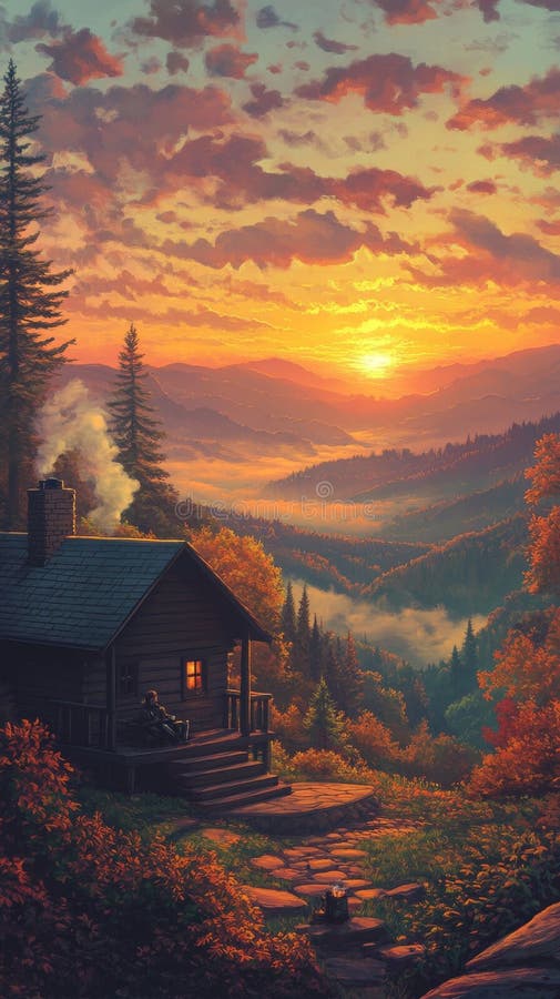 Scenic mountain cabin with autumn forest and sunset royalty free stock photo