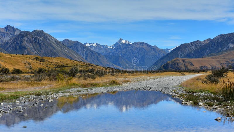 Scenic mountain ranges in Ashburton Lakes region in New Zealand