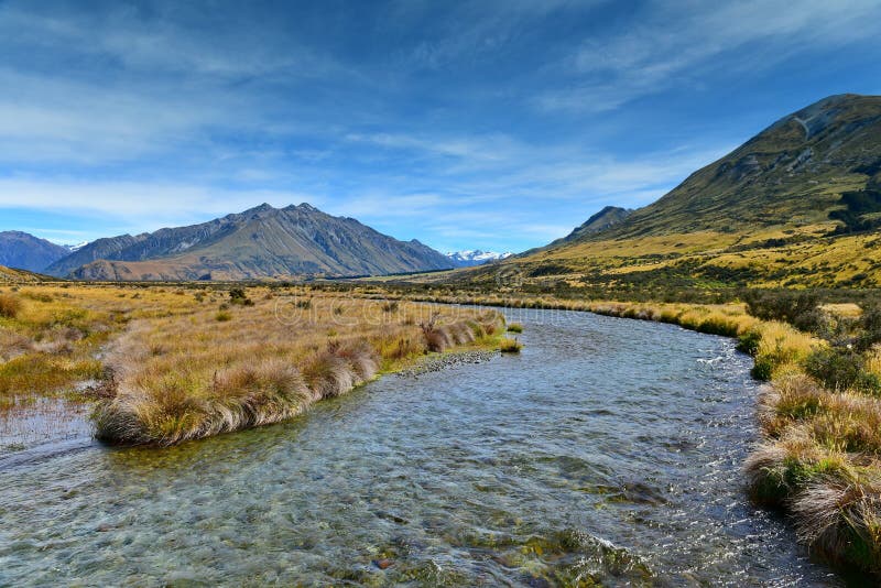 Scenic mountain ranges in Ashburton Lakes region in New Zealand