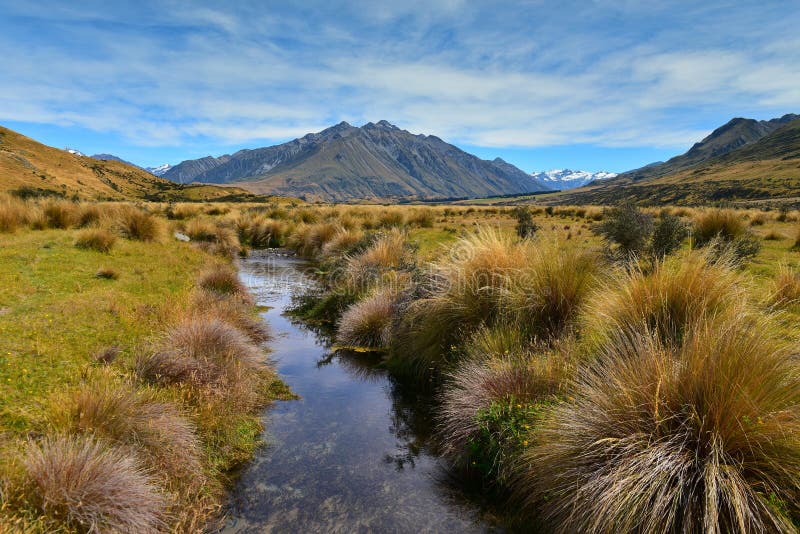 Scenic mountain ranges in Ashburton Lakes region in New Zealand