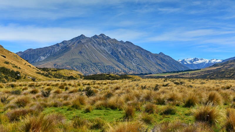 Scenic mountains in Ashburton Lakes region in New Zealand