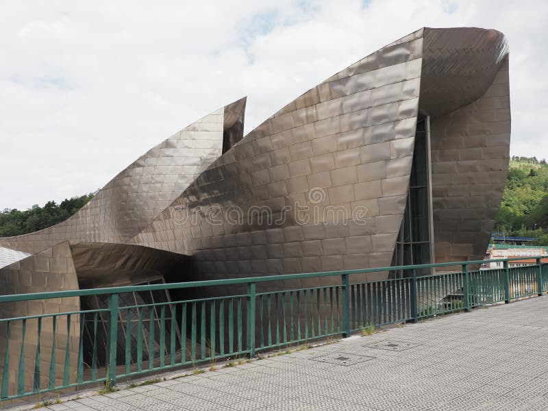 BILBAO, SPAIN - September 6th 2019: Scenic museum building in European city at Biscay province, cloudy sky in warm sunny summer day. BILBAO, SPAIN - September 6th 2019: Scenic museum building in European city at Biscay province, cloudy sky in warm sunny summer day.