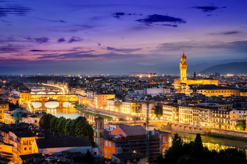 Scenic night view of Florence with Ponte Vechio and Palace