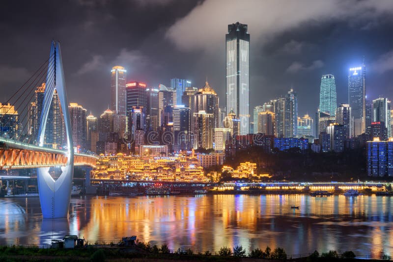 Scenic Night View Of Skyscrapers In Downtown Chongqing China