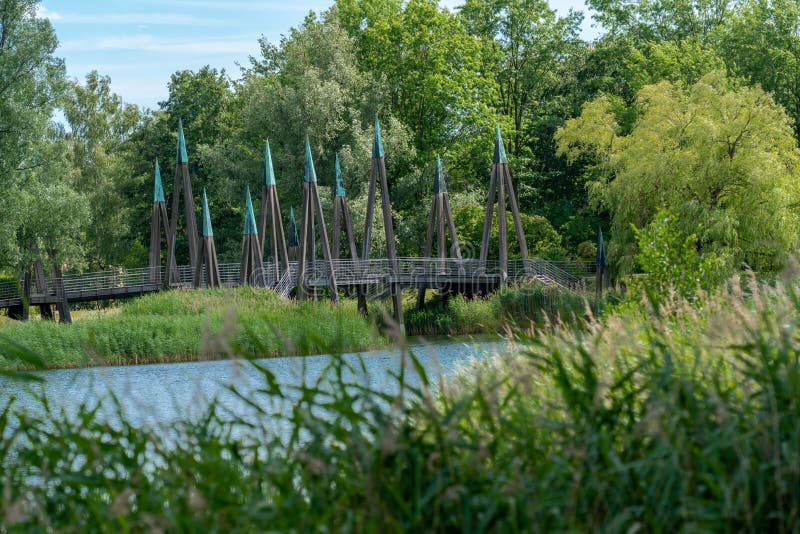 Scenic panorama of a lake with reeds and plants crossed by a wooden bridge stock photography Scenic panorama of a lake with reeds and plants crossed by a wooden bridge stock photography