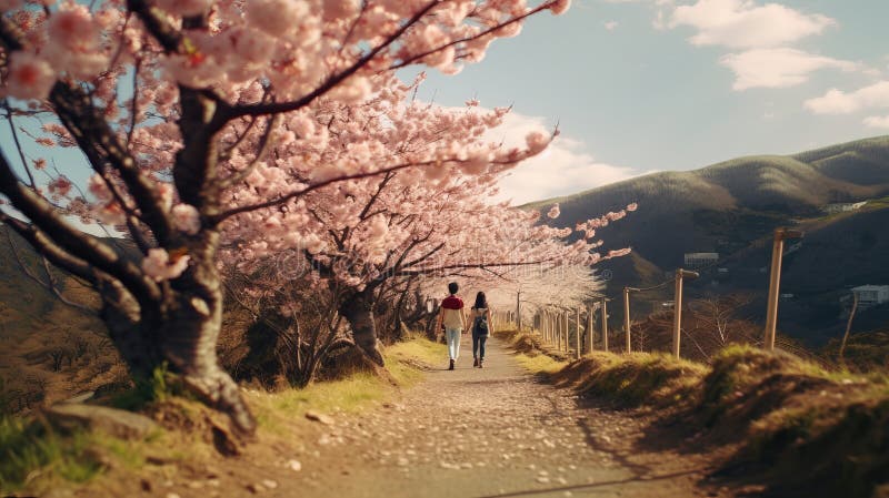 Blossom Tree Path: A Romantic Landscape With Terragen And Vray Tracing stock illustration