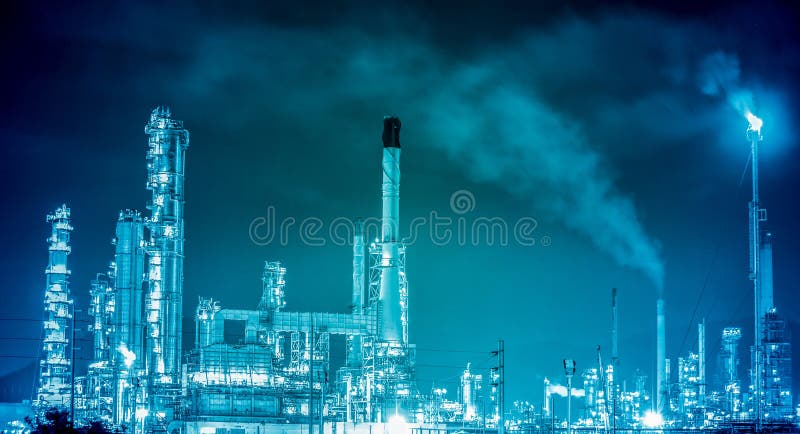 Scenic of petrochemical oil refinery plant shines at night