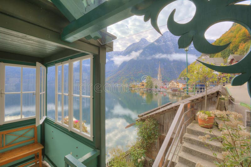 Scenic picture-postcard view of famous Hallstatt mountain village