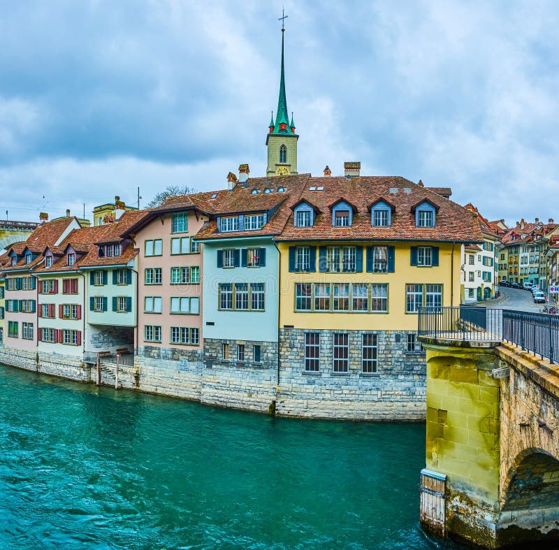 Scenic riverside buildings of Mattequartier district in Bern, Switzerland stock photography