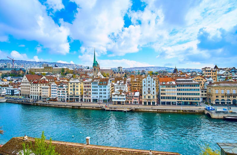 Scenic riverside of Limmat river with medieval buildings, Zurich, Switzerland royalty free stock photo