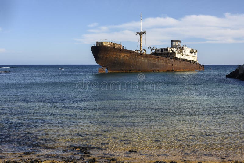 Scenic rusted ship near Arrecife harbor on Lanzarote, Canary Islands, Spain stock image