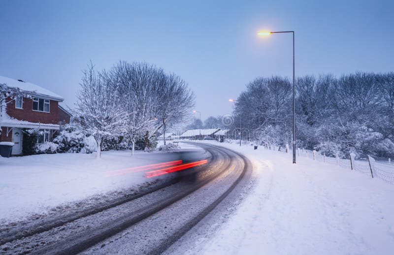 Scenic Suburban Area after Heavy Snowfall at Evening in England