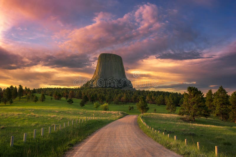 Scenic sunrise over Wyoming`s Devils Tower National monument