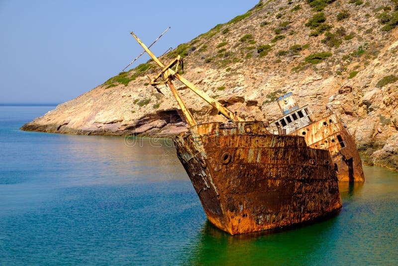 Scenic view of abandoned rusty shipwreck, Amorgos island