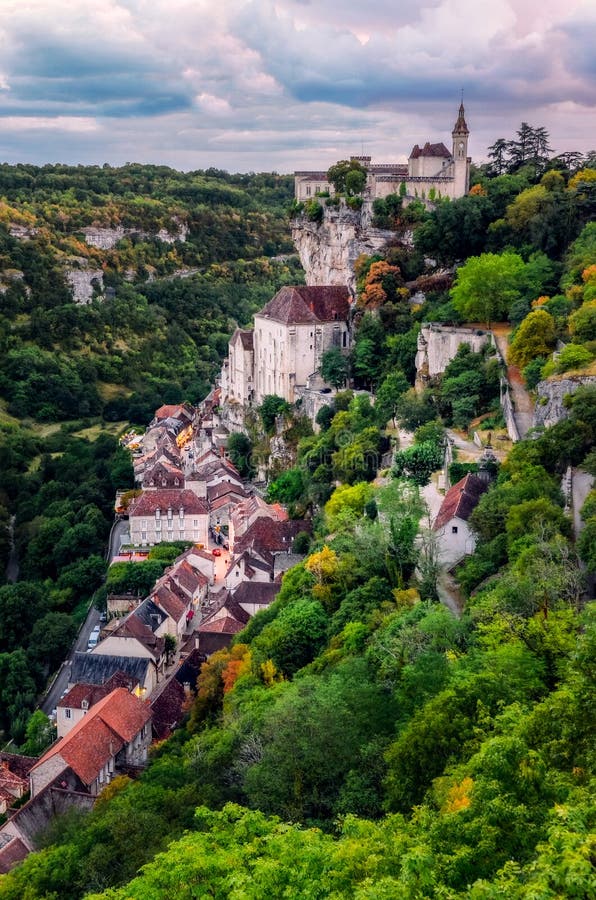 Scenic view of beautiful historical Rocamadour town after sunset, France royalty free stock photography Scenic view of beautiful historical Rocamadour town after sunset, France royalty free stock photography