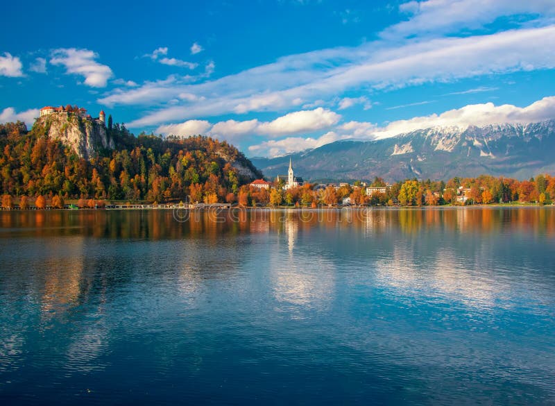 Scenic view of Bled lake at sunny autumn day