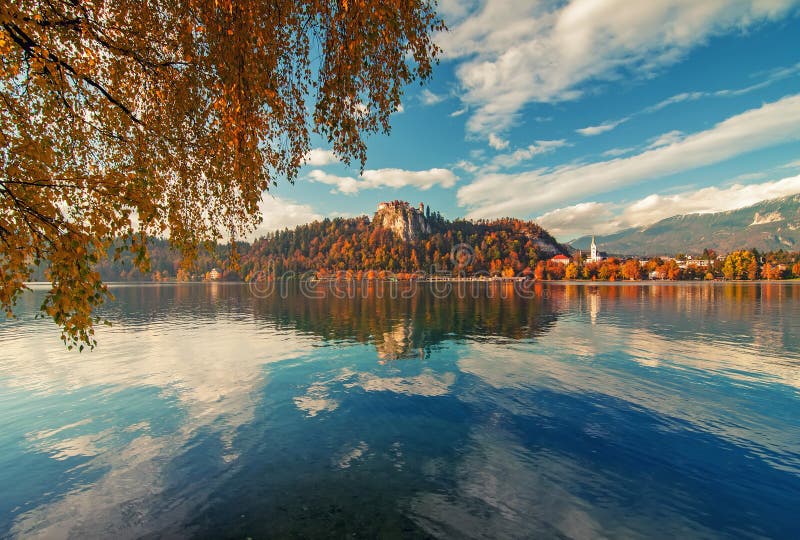 Scenic view of Bled lake at sunny autumn day