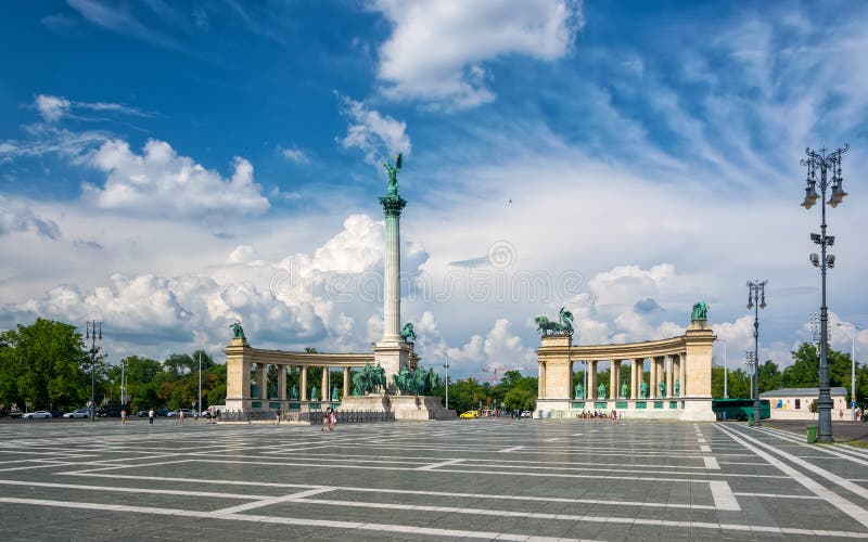 Scenic view Heroes` Square in Budapest, Hungary with Millennium Monument, major attraction of city under picturesque sky