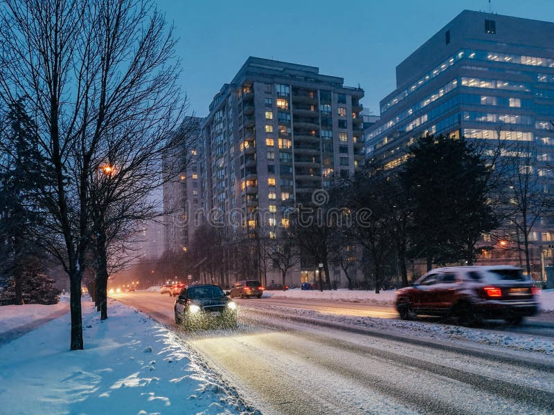 Winter evening night city urban landscape in Toronto Canada