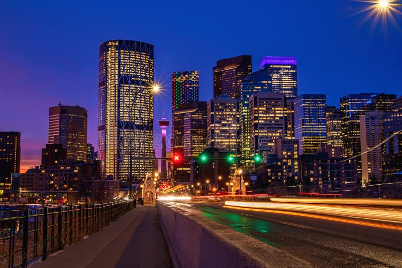 Downtown Calgary Light Trails Glowing at Night Stock Image Image of