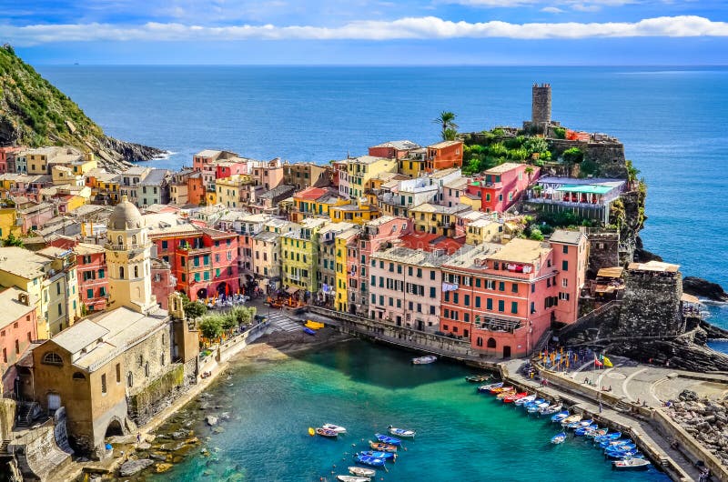 Scenic view of ocean and harbor in colorful village Vernazza, Ci