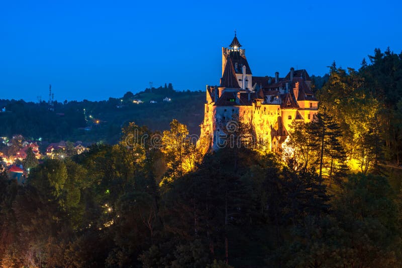 Scenic view over Dracula Bran medieval castle at night, Bran town, Transylvania regio, Romania royalty free stock photography Scenic view over Dracula Bran medieval castle at night, Bran town, Transylvania regio, Romania royalty free stock photography