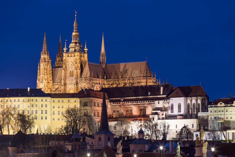 Scenic view on Prague Castle and the St. Vitus cathedral and historical center of Prague, buildings and landmarks of old town