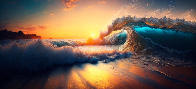 Scenic view of the sea shore waves, sandy beach, sun, sunset,Generative AI