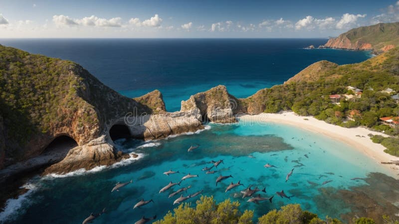 Idyllic Tropical Beach with Turquoise Water and Playful Dolphins in Saint Vincent and the Grenadines royalty free illustration