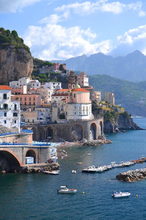 Scenic view of village atrani on amalfi coast, italy