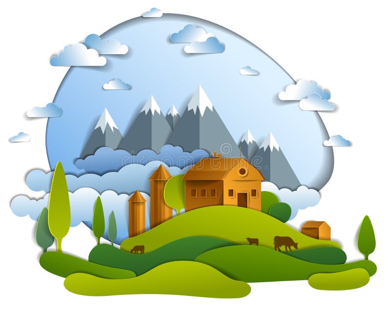 Sceniczny krajobraz rolni budynki wśród drzew, pasma górskiego i chmur w niebie łąk, wektorowa ilustracja lato czas ilustracji Sceniczny krajobraz rolni budynki wśród drzew, pasma górskiego i chmur w niebie łąk, wektorowa ilustracja lato czas ilustracji