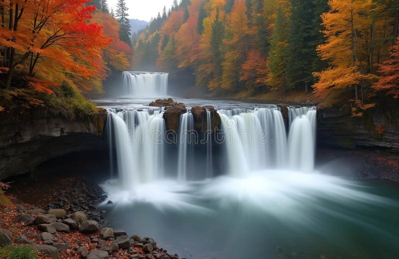 Scenien Cataract Falls på hösten. Långa exponeringskapslar som strömmar vatten med silke, jämn effekt. Färgträd i skog royaltyfri illustrationer
