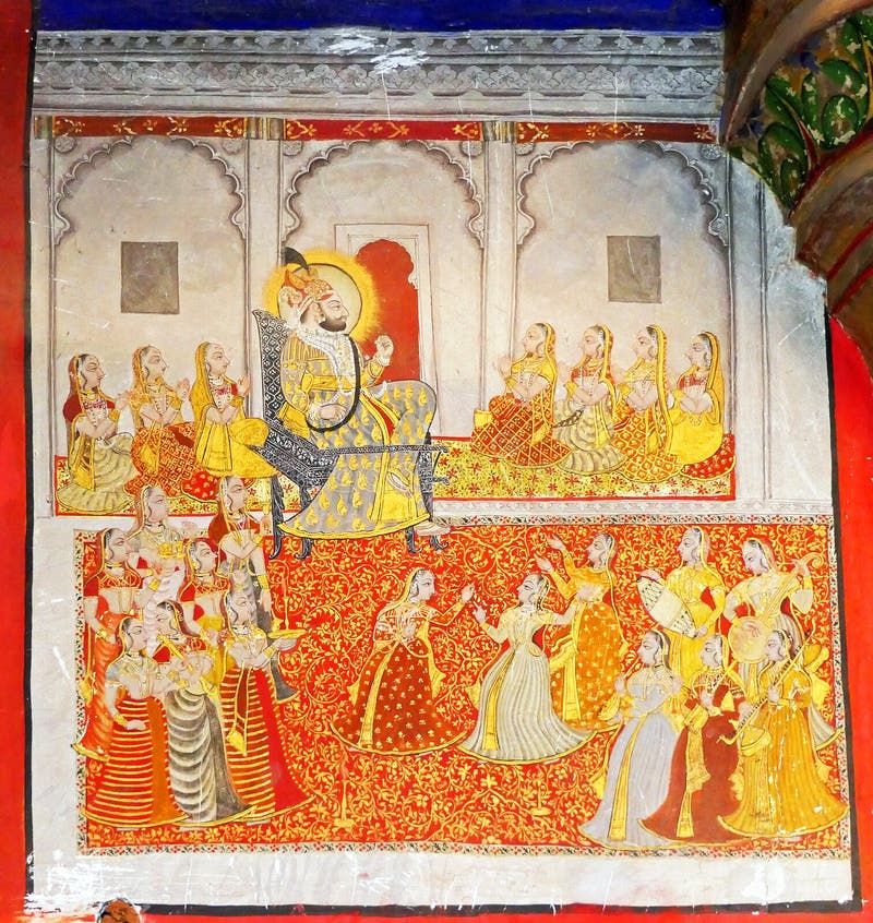 Scenische antieke Muurschilderingen in de Muur van de Architectuur van de Oudheid Decoraties binnen het Stadspaleis van Udaipur, stock foto's Scenische antieke Muurschilderingen in de Muur van de Architectuur van de Oudheid Decoraties binnen het Stadspaleis van Udaipur, stock foto's