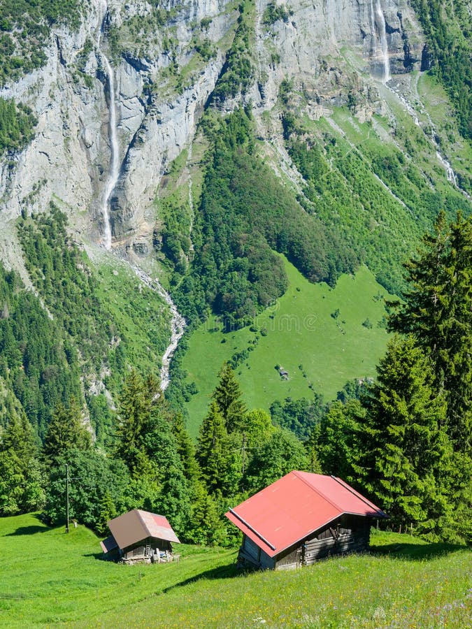 Scenisk sikt på den trekking rutten mellan Murren och Gimmelwald, Swi fotografering för bildbyråer Scenisk sikt på den trekking rutten mellan Murren och Gimmelwald, Swi fotografering för bildbyråer
